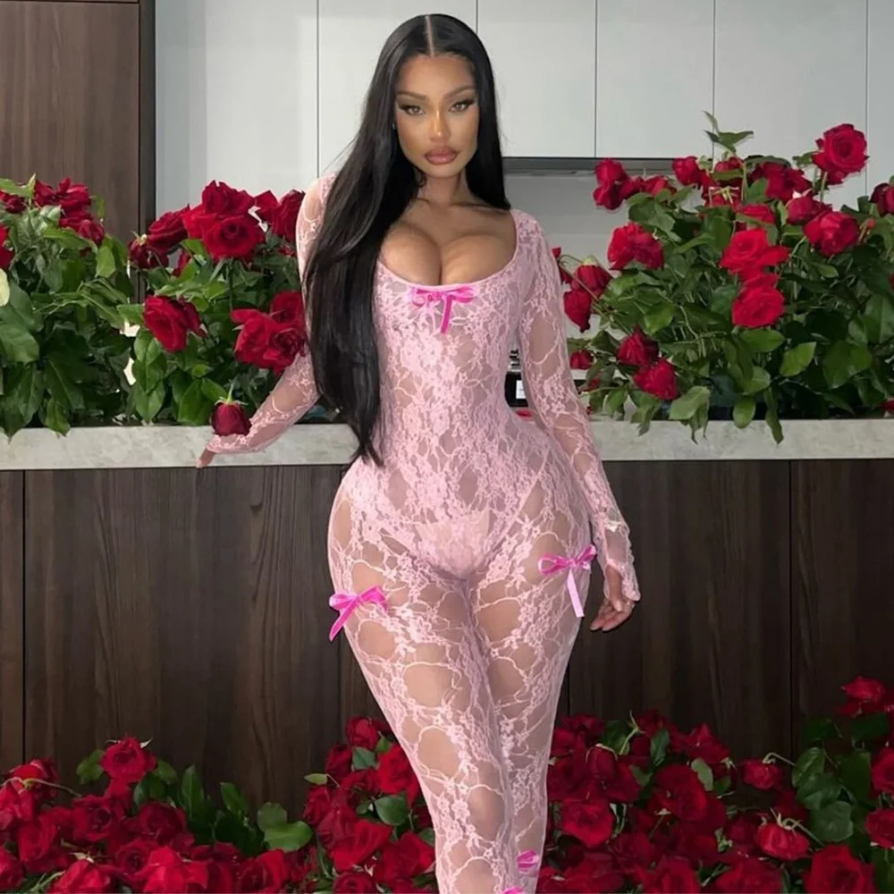 Toloer Toloer Women's Autumn / Winter New U Collar Long Sleeve Sexy Lace Elastic Jumpsuit Female Slim-Outfit Ideas