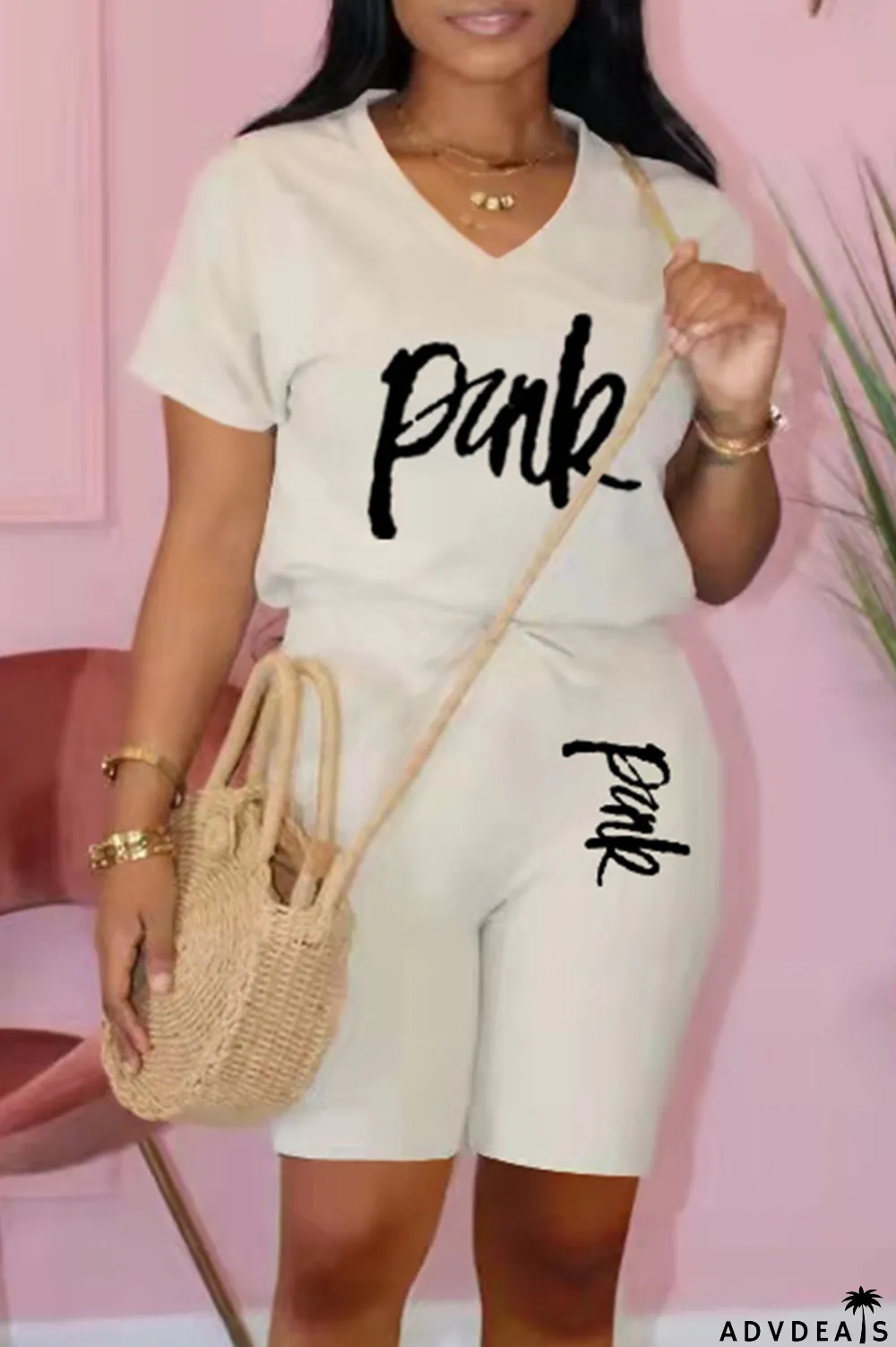 Apricot Fashion Casual Letter Print Basic V Neck Short Sleeve Two Pieces