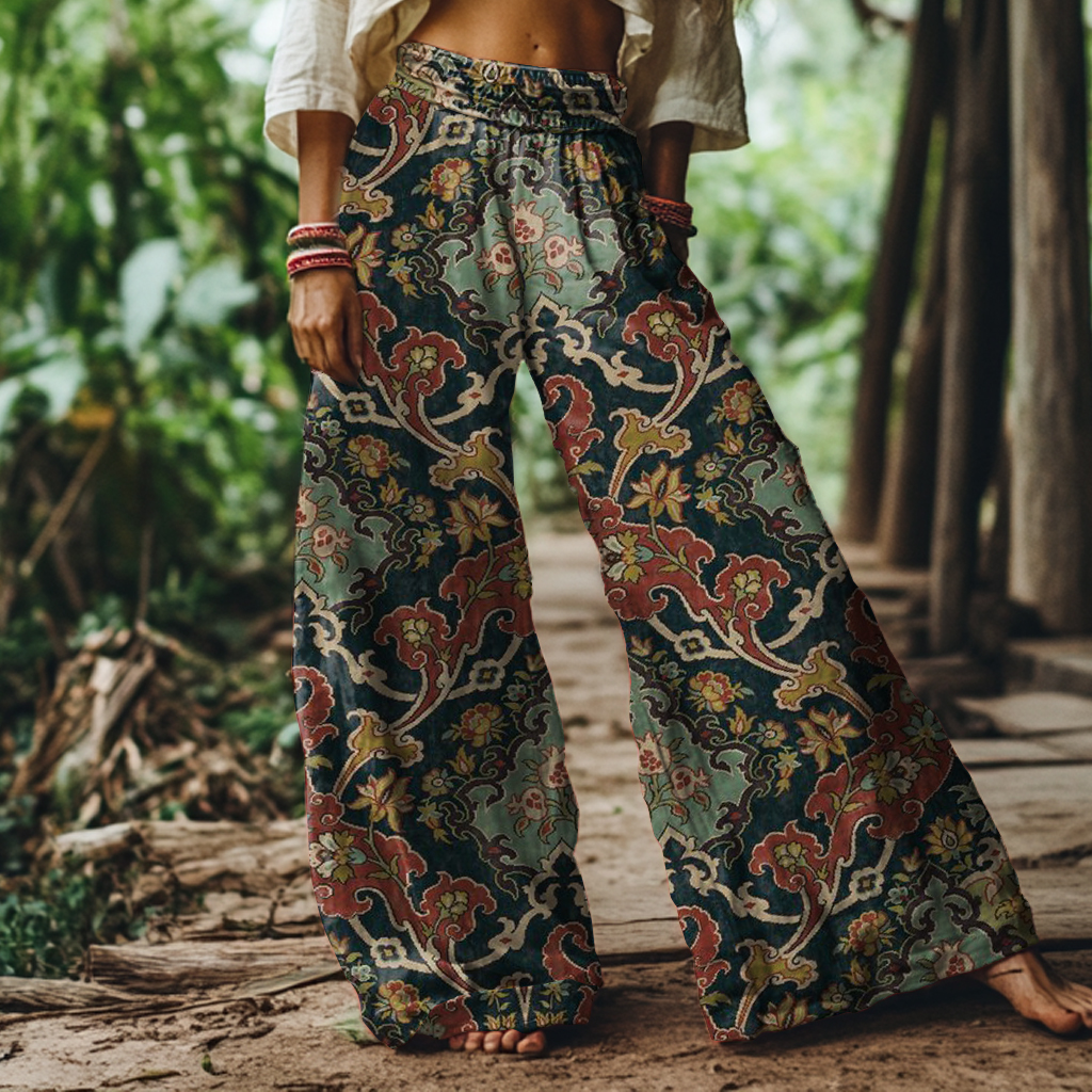 Floral Printed Corduroy Waist Tie Detail Pants