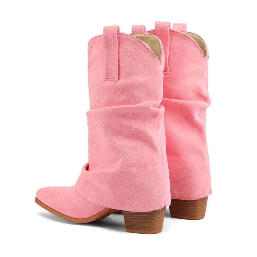 Fold Over Block Heel Snip Toe Pink Mid Calf Western Boots for Women