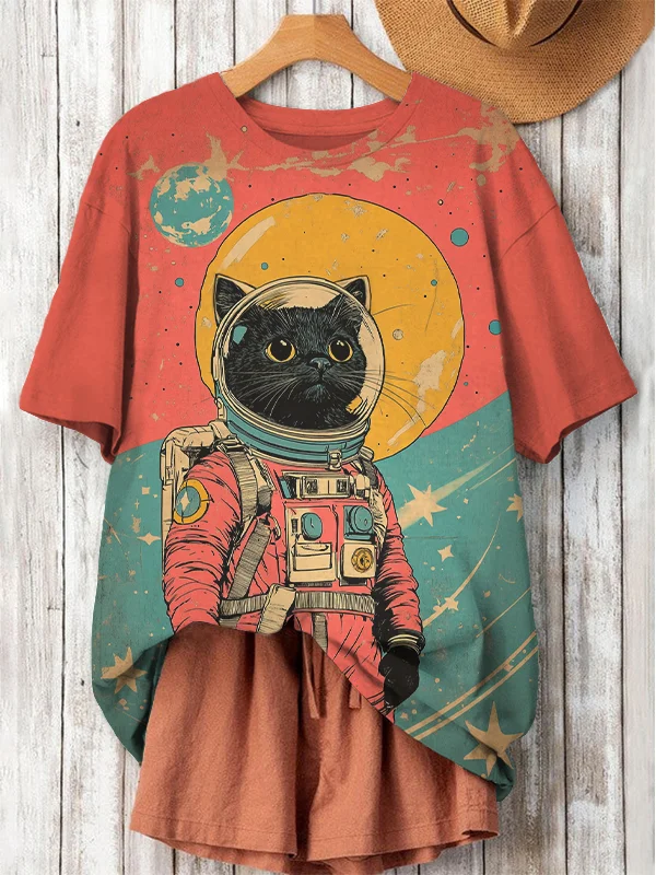 Women's Black Cat Astronaut Color Block Art Print Casual T-Shirt