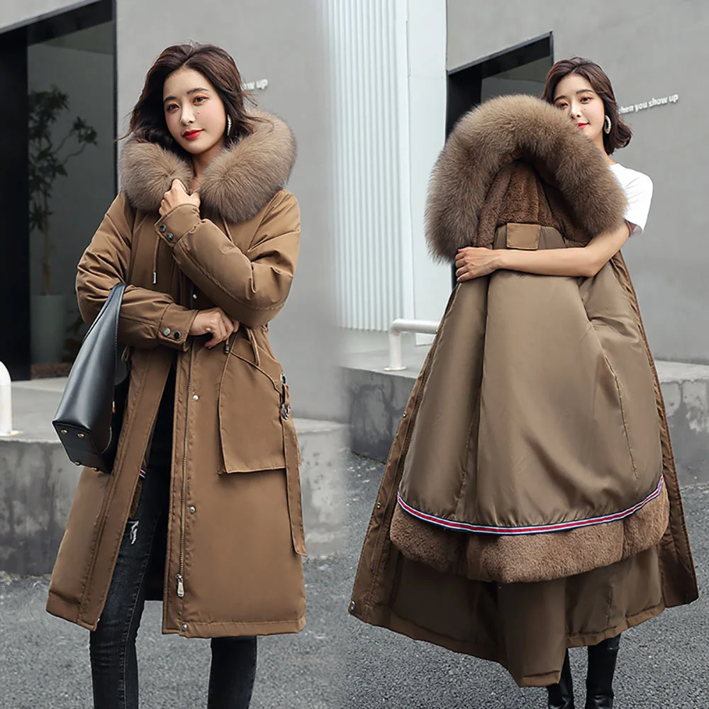 Brownm -30 Degrees Snow Wear Long Parkas Winter Jacket Women Fur Hooded Clothing Female Fur Lining Thick Winter Coat Women
