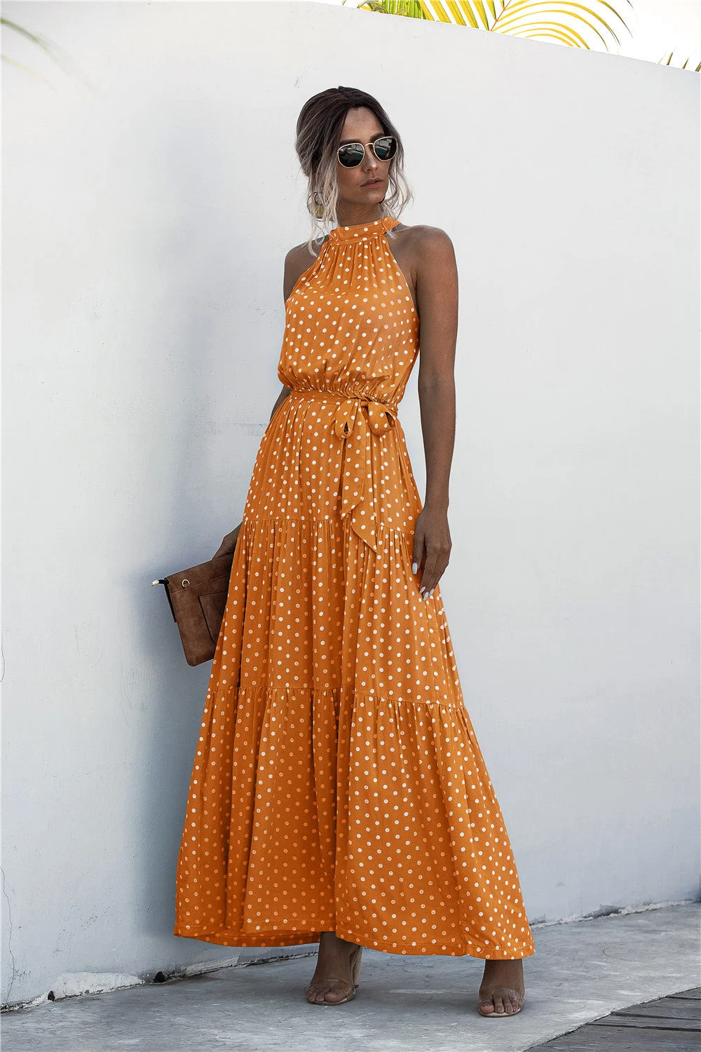 Brownm Dot Printed Lace Up Halter Tied Long Dress