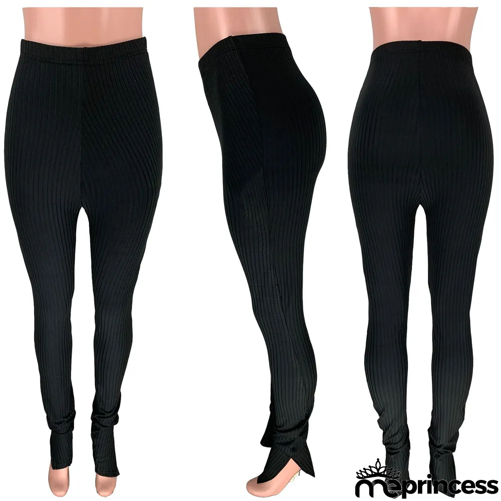Solid Knitted Split Skinny Long Pants