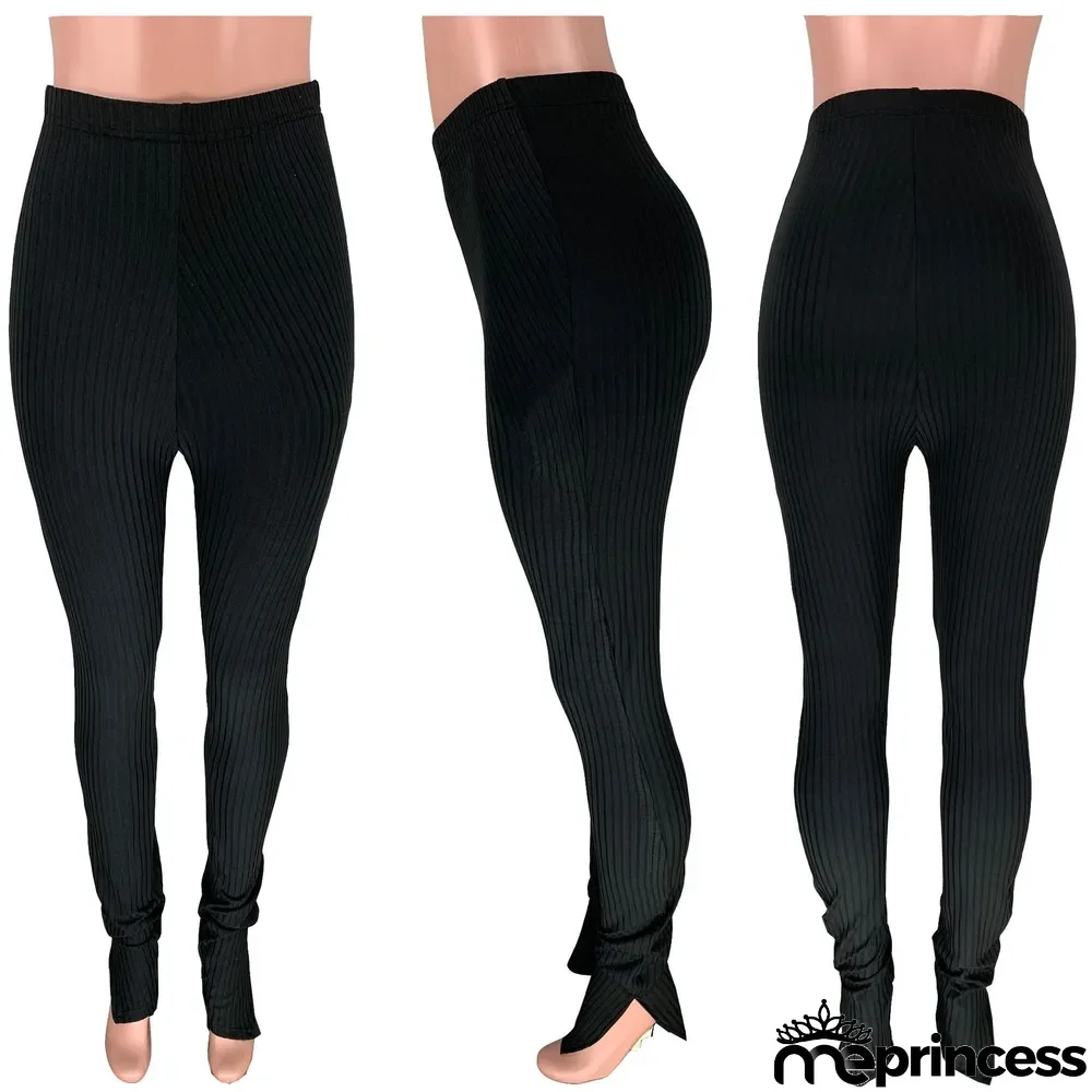 Solid Knitted Split Skinny Long Pants