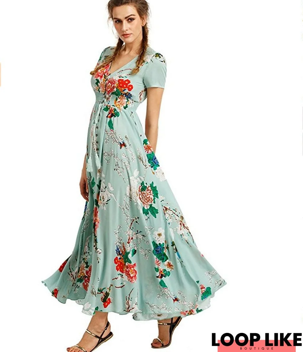 Vintage Patterned V-Neck Dress