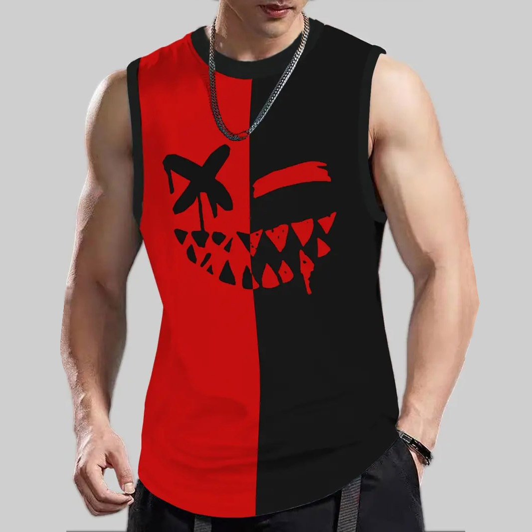 Men's Tank Top Smiley Face Color Block Street Trend Summer Daily Casual Loose Top White Red