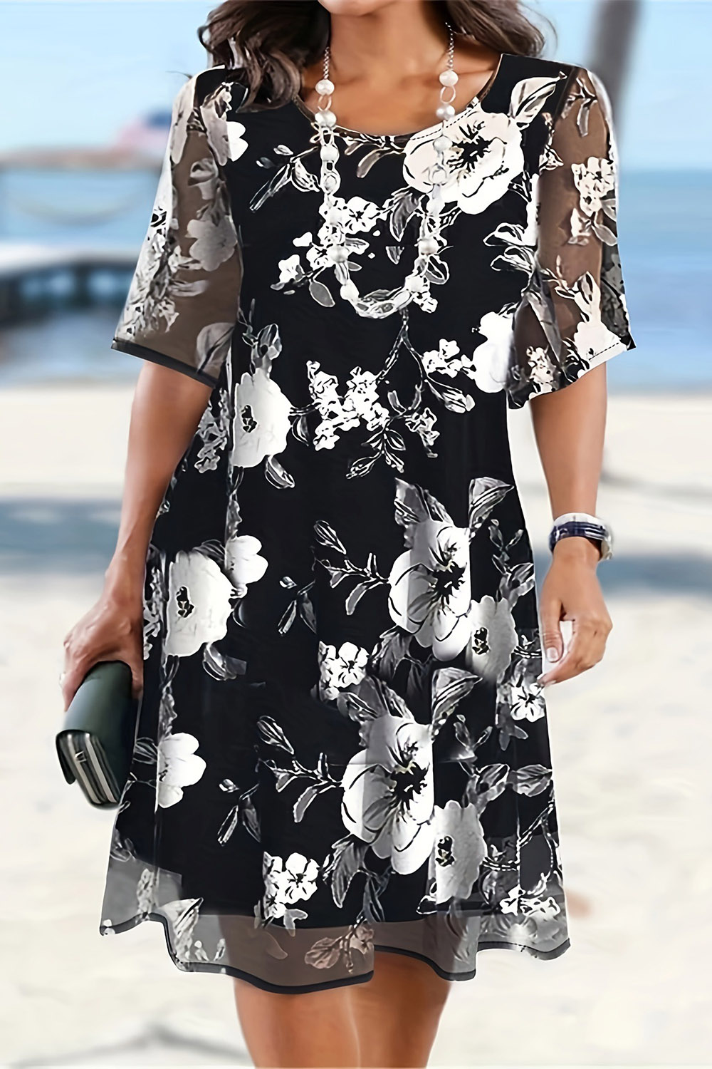 Plus Size Vacation Black Chiffon Floral Print Half Sleeve Midi Dress 2024 - Flycurvy 