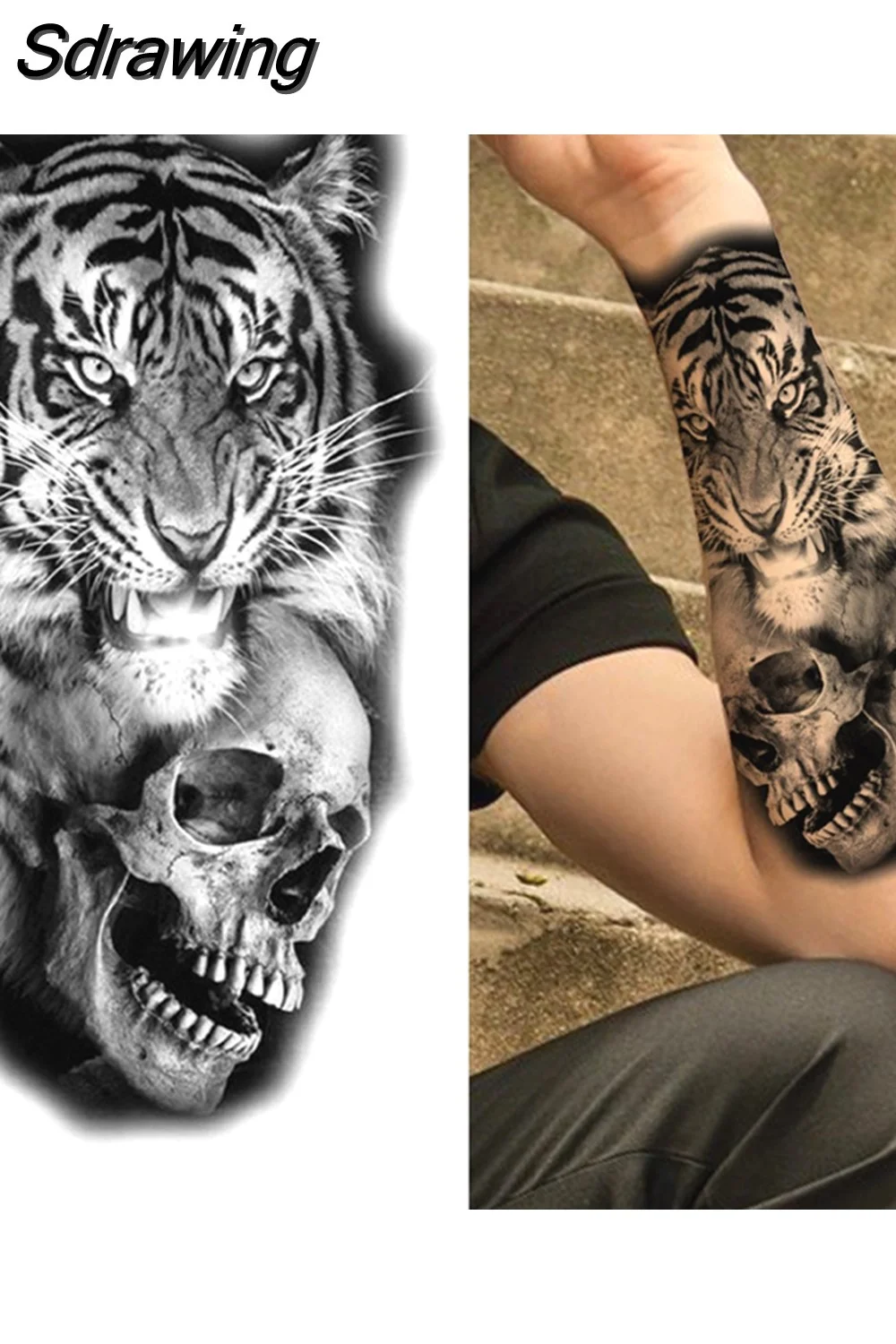 Sdrawing Tiger Temporary Tattoos For Men Women Kids Lion Skull Cross Tattoo Sticker Black Compass Skeleton Tatoos Leg Thigh 1103 715-0