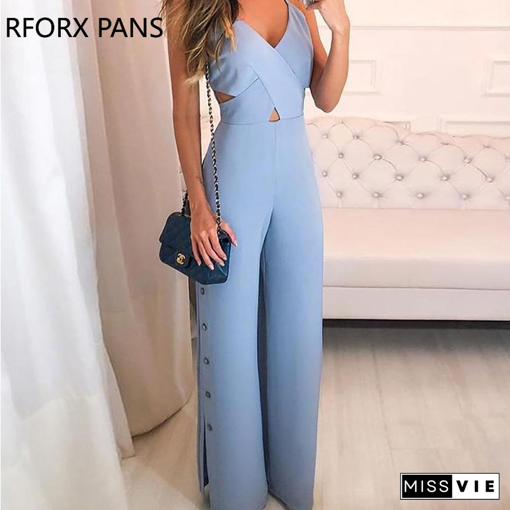 Crisscross Spaghetti Strap Button Slit Side Jumpsuit