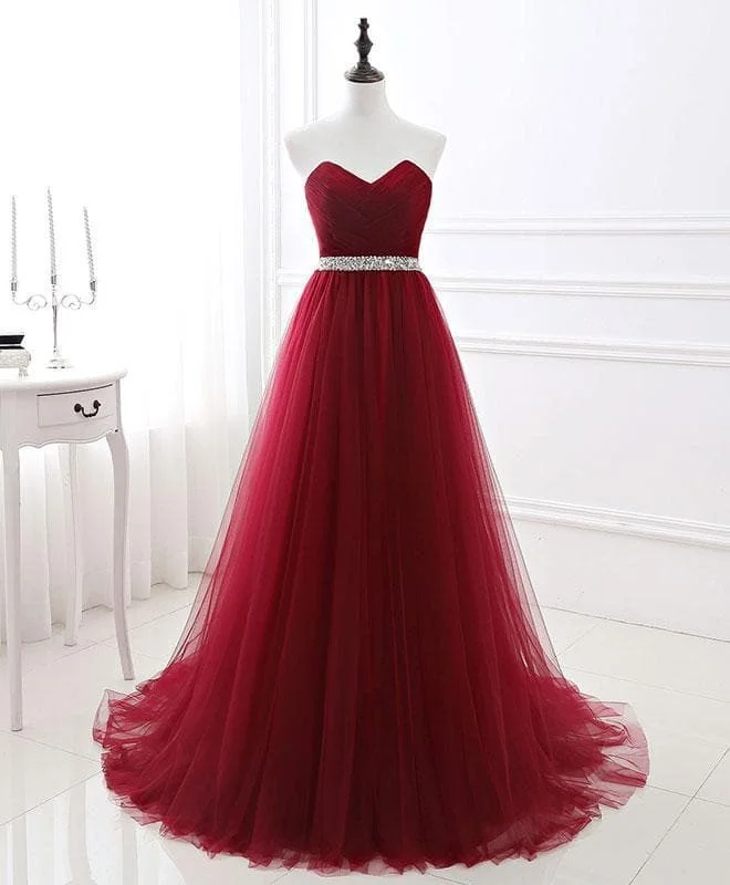 Burgundy Sweet Neck Tulle Long Prom Gown AS04