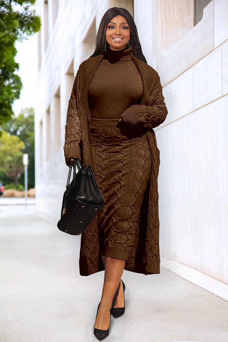 Xpluswear Design Plus Size Daily Skirt Set Brown Ribbed Knit Cable Knit Two Piece Skirt Set [Pre-Order]