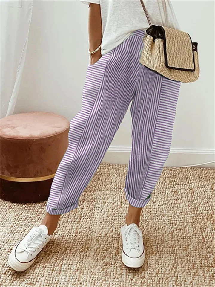 Women's Summer New Woven Jacquard Striped Splicing Casual Pants