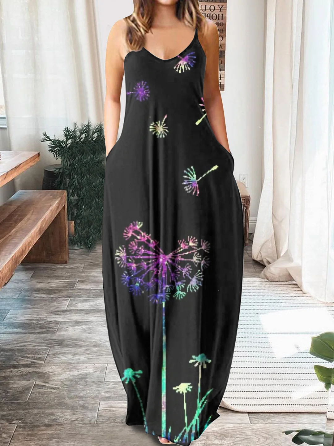 Women's Sleeveless V-neck Graphic Midi Dress