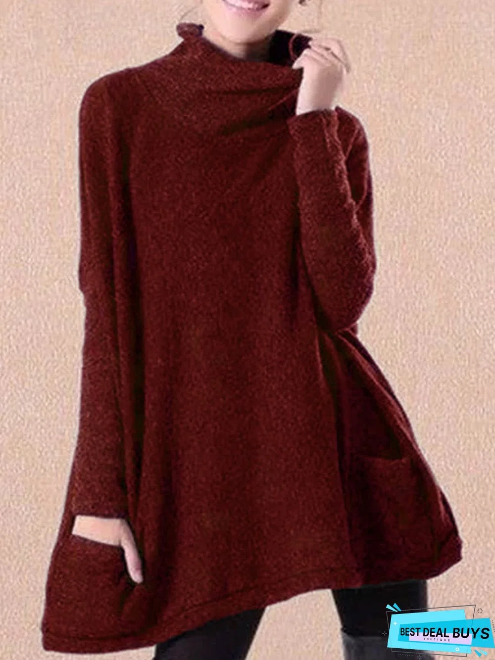 Black Patchwork Turtleneck Casual Sweater