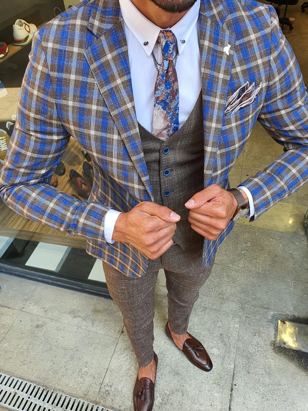 Caravajo Camel Slim Fit Plaid Check Suit