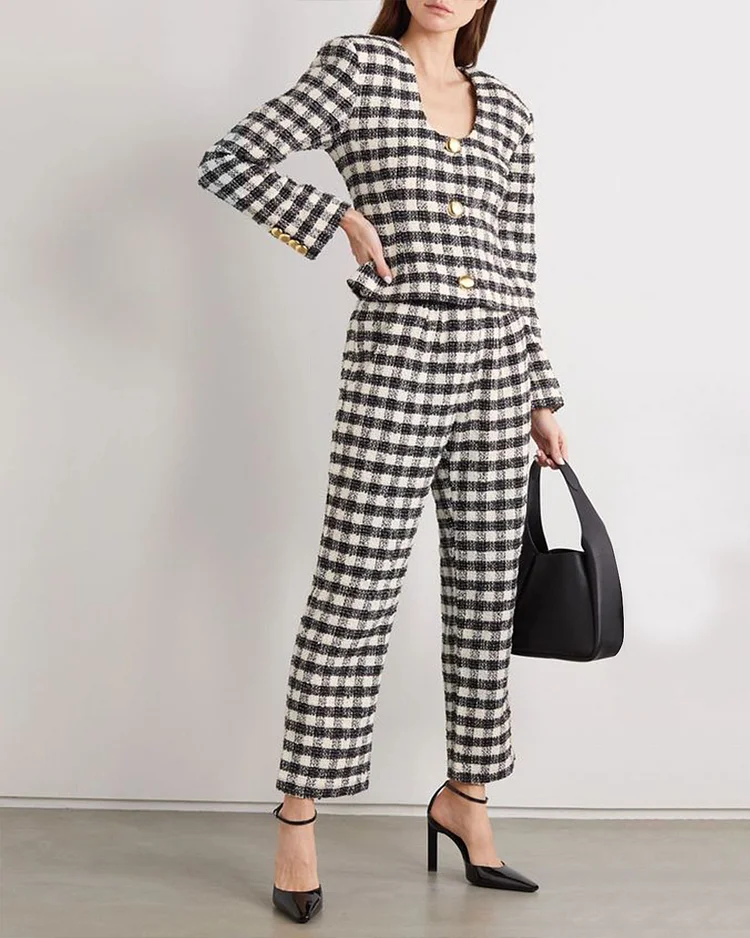 Black Checked tweed jacket and pants two-piece set