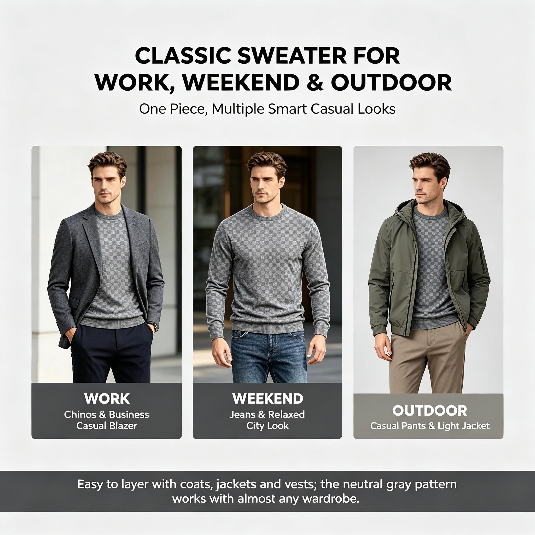 4-Pack Men's Plaid Knit Pullover, Textured Grid Pattern Long Sleeve, Soft Lightweight Casual Top, Minimalist Solid Color, Fall Winter Streetwear
