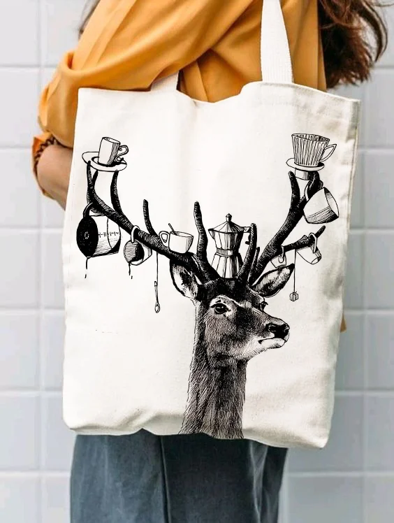 Women's Deer Coffee Cups Print Shoulder Tote Bag