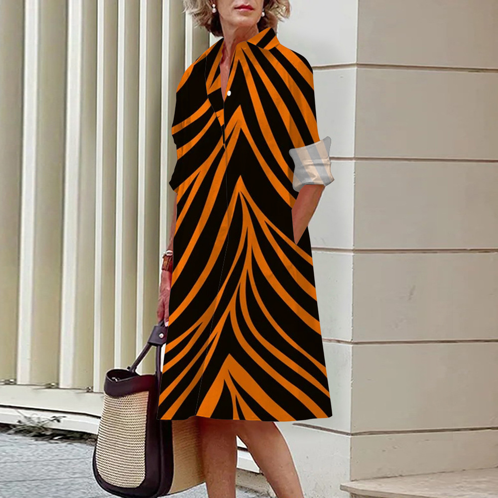 Older Women Stripe 3D Digital Printing Animal Grain Loose Shirt Dress