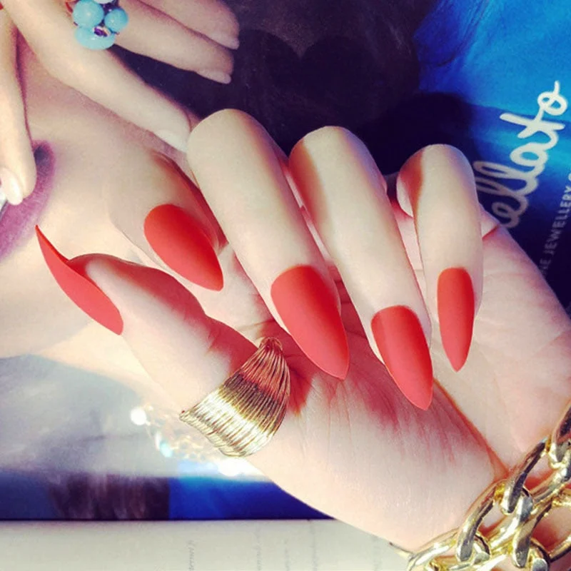 24Pcs Full Cover Pointed Head Scrub Temperament white matte false nails Wearable Stiletto Fake press on Nail with Glue for gils-Nail Inspo