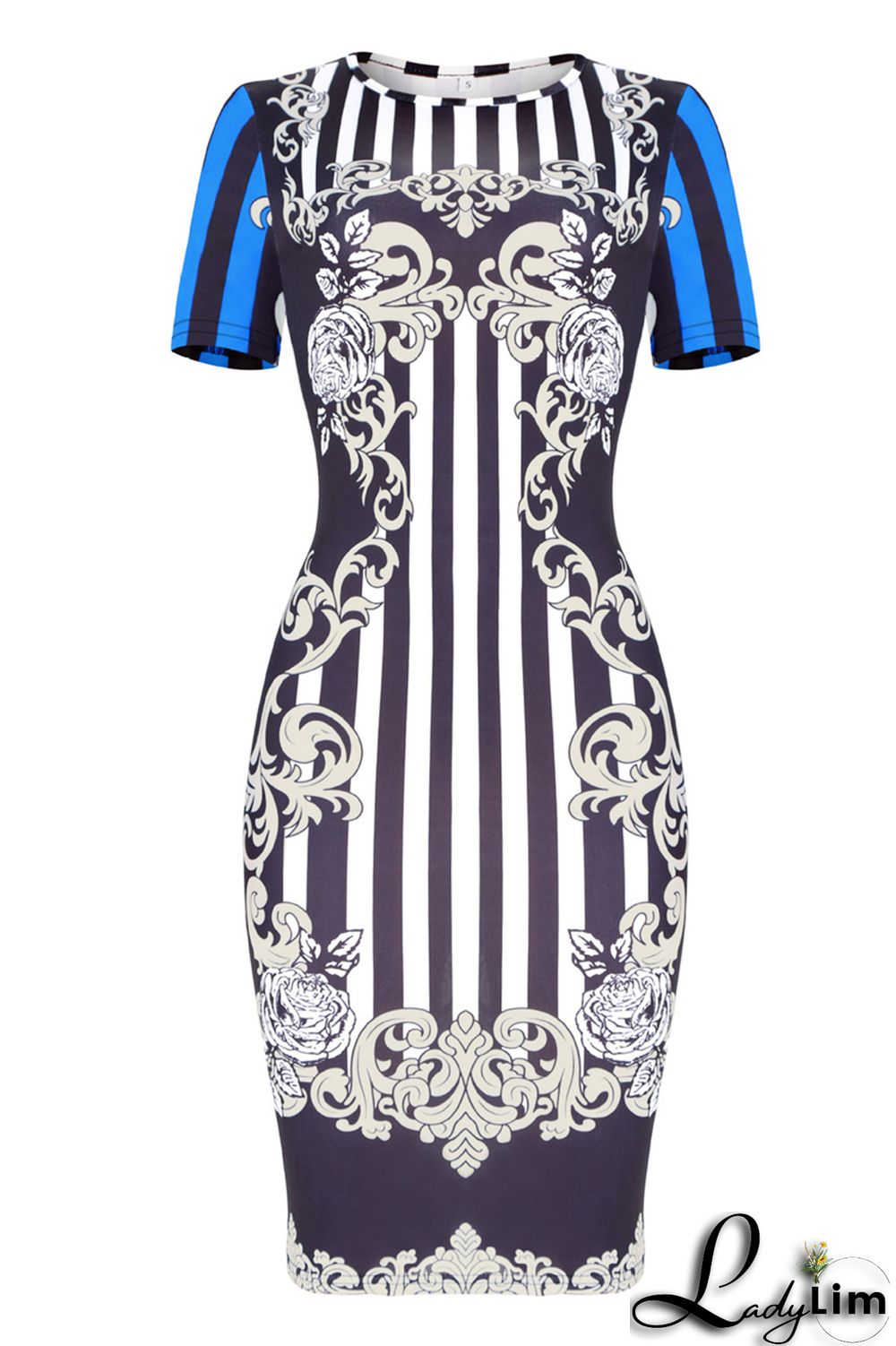 Blue Fashion Casual Print Basic O Neck Short Sleeve Dress