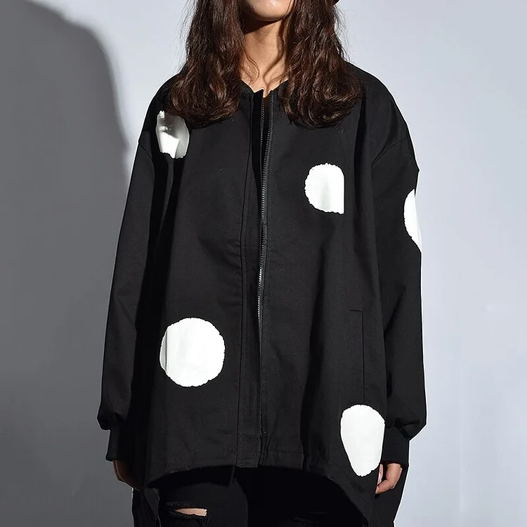 Casual Loose Small Stand Collar Polka Dot Printed Long Sleeve Zip-up Jacket