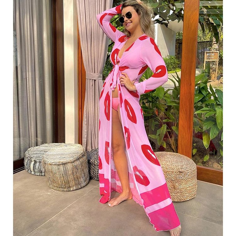 Long-sleeved Lips Printed Beach Cover Up