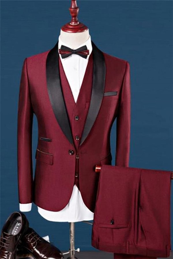 Bellasprom Three Pieces Wine Red Shawl Lapel Dinner Men's Wears Morning Suit Prom