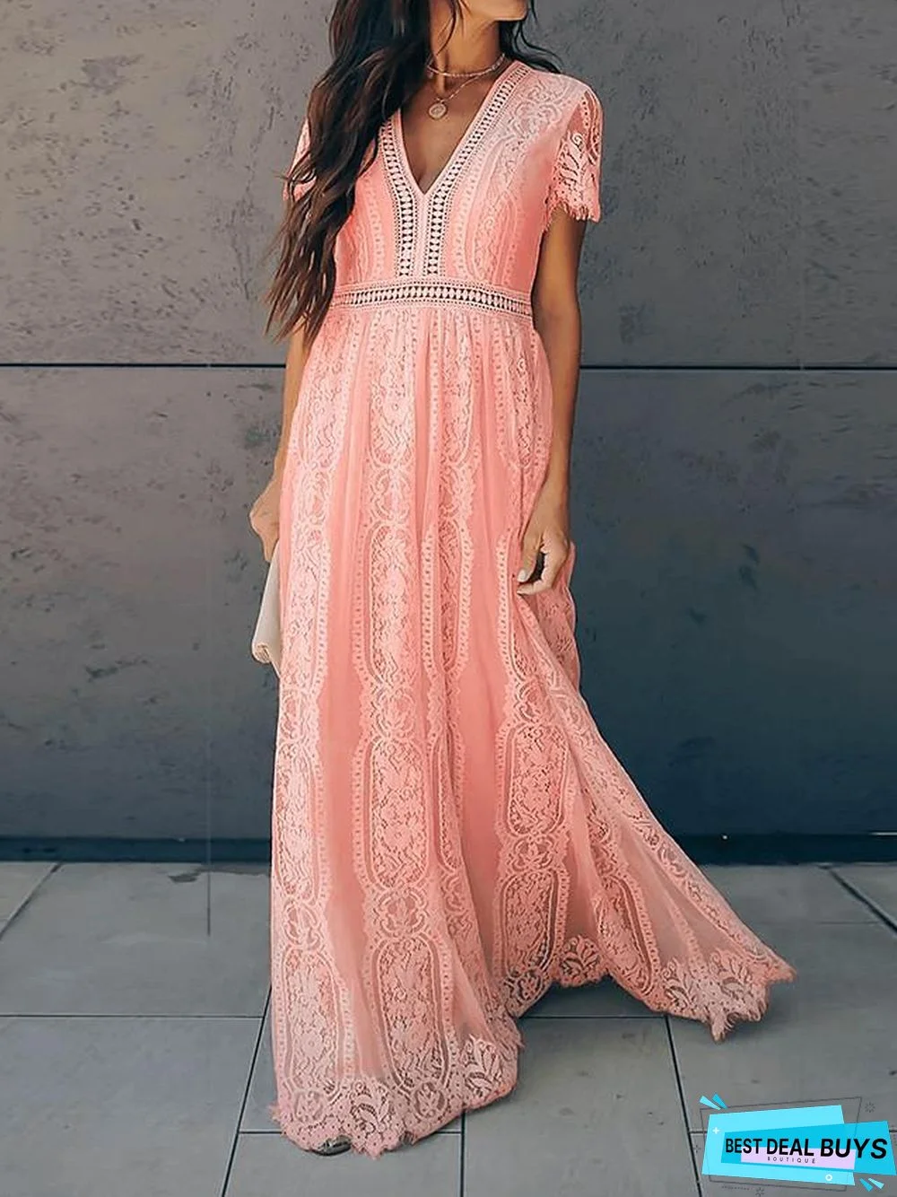 Women's Swing Dress Maxi long Dress Short Sleeve Solid Color Tassel Fringe Lace Summer Hot Vintage Blushing Pink