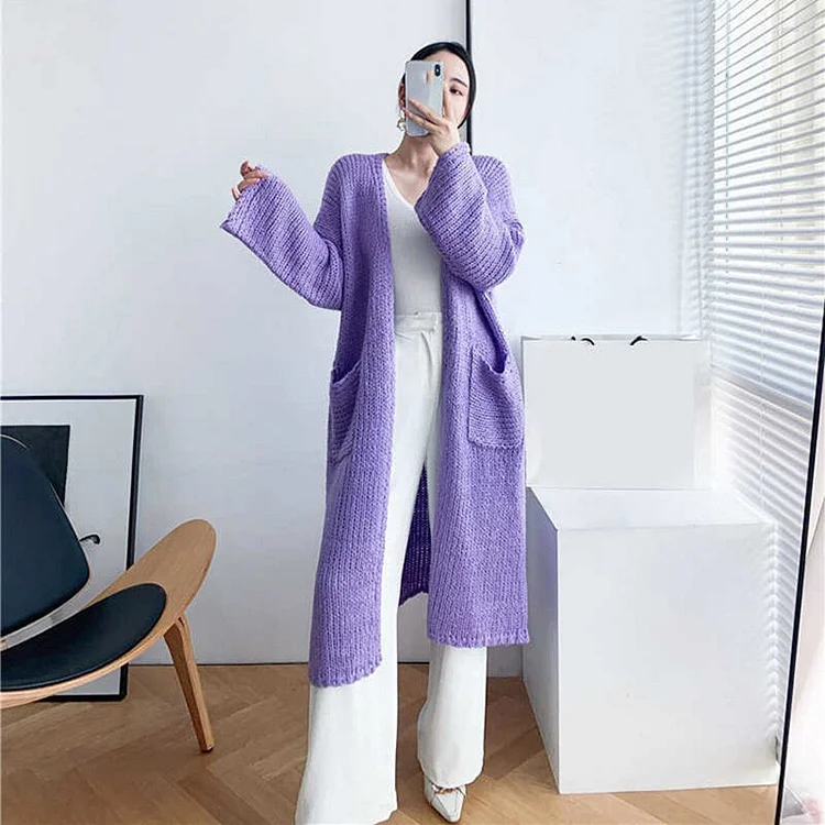 Temperament Loose Solid Color Pockets Long Sleeve Long Knitted Cardigan     
