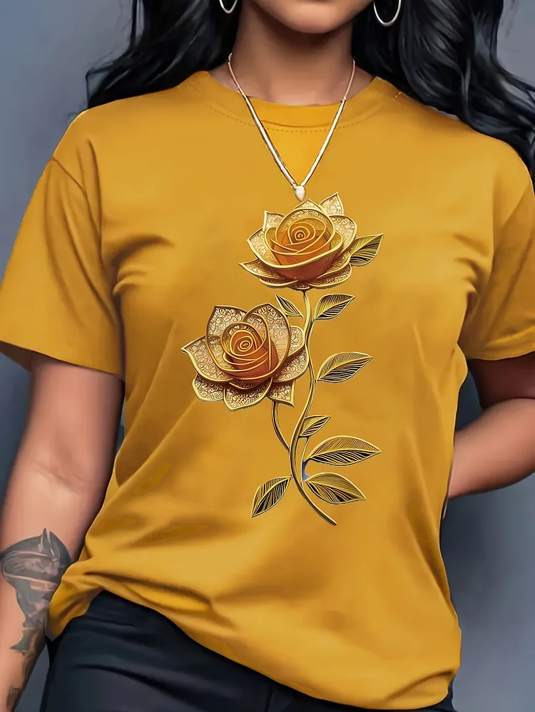 Stylish Casual Short-Sleeve Summer T-Shirt For Women With A Fitted Design Featuring A Delicate Rose Print And A Round Neckline