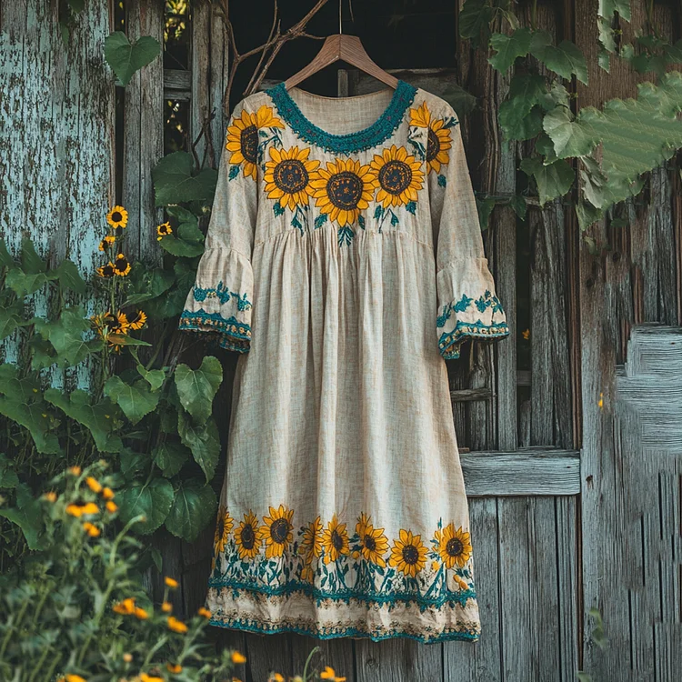 Sunflower Embroidered Crew Neck Linen Blend Loose Midi Dress