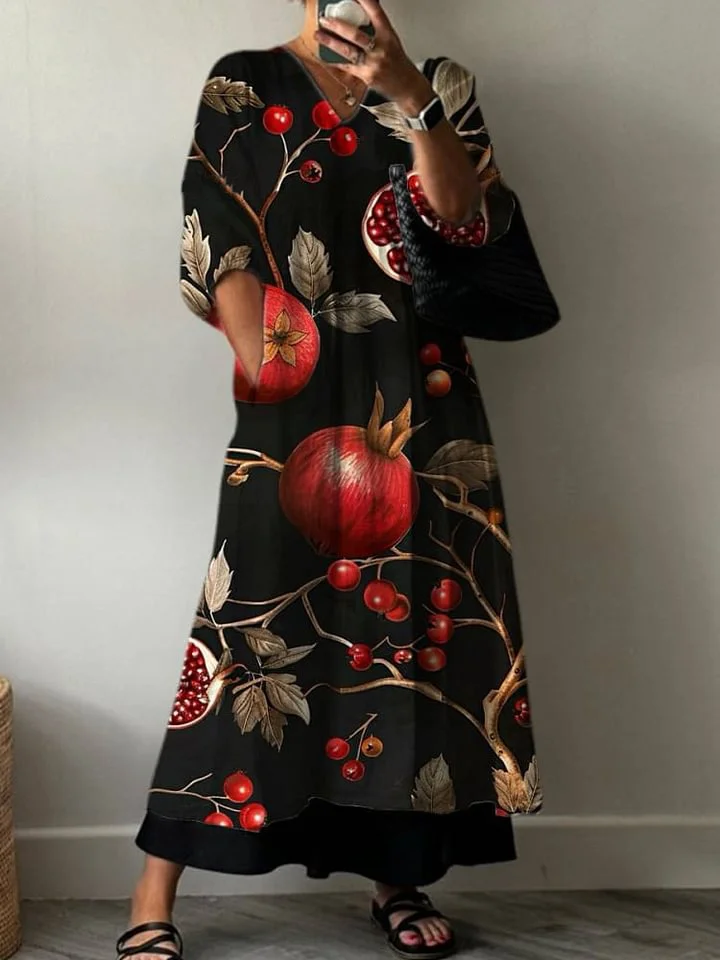 Women's Vintage Pomegranate Dark Print Pocket V-neck Cotton Dress
