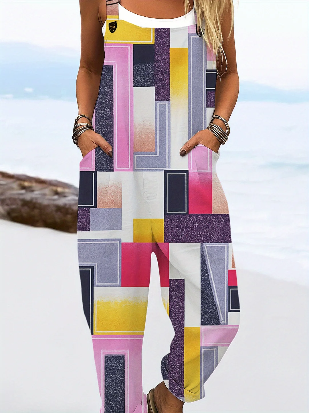 Women's Vibrant Geometric Print Sleeveless Jumpsuit - Casual, Adjustable Strap, Romper With Pockets, Perfect For Summer, Beachwear | Geometric Print Jumpsuit | Adjustable Strap Romper | IFYHOME