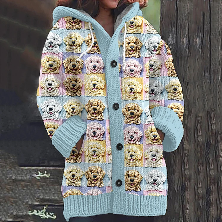 Cute Puppy Embroidered Pattern Cozy Hooded Knit Sweater