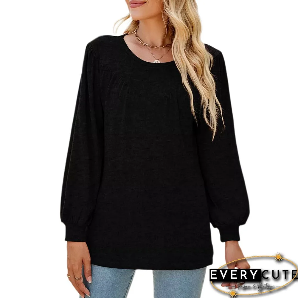 Black Crew Neck Pleated Puff Sleeve Tops