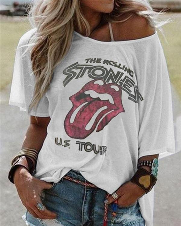 One Shoulder Cartoon Printed Loose Casual Holiday Daily Blouse