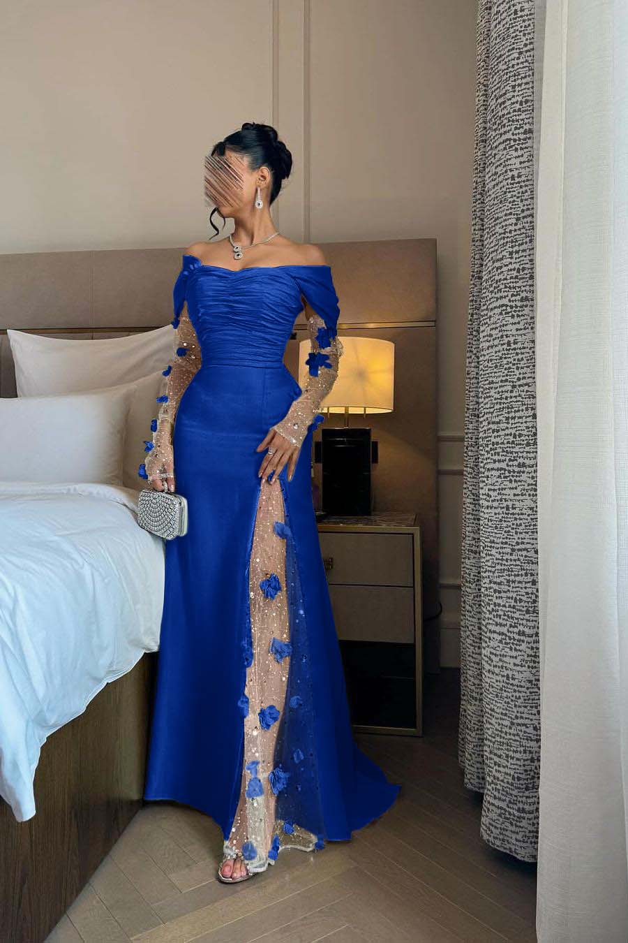 Daisda Chic Daffodil Satin Long Sleeves Off the Shoulder Pleated Prom Dress with Sequins