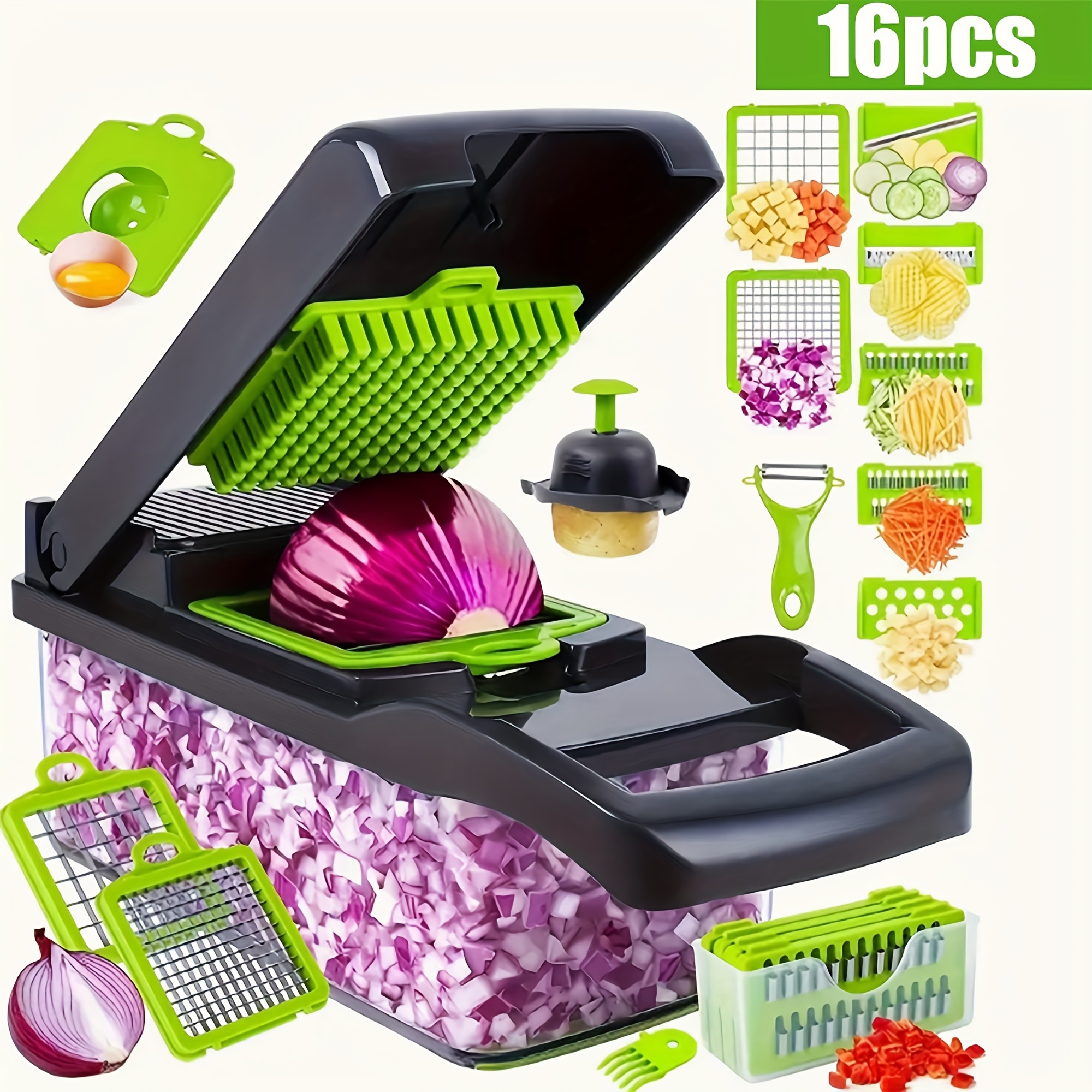 16pcs\u002Fset Multifunctional - Vegetable Chopper Manual Food Slicer Dicer - Plastic Kitchen Gadget Set With Drain Basket, Hand Protector, And Container For Onion, Carrot, Garlic