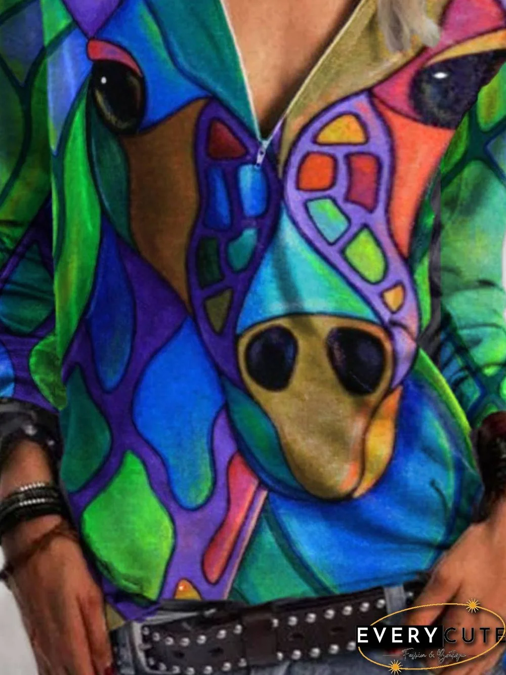 Long Sleeve V Neck Printed Cotton-Blend Tops