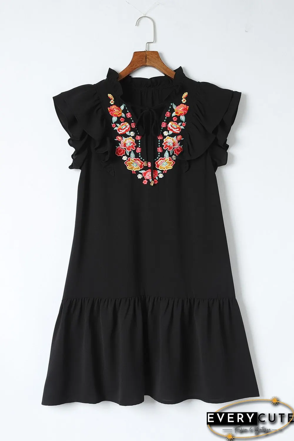 Black Floral Embroidered Ruffle Sleeve Shift Dress