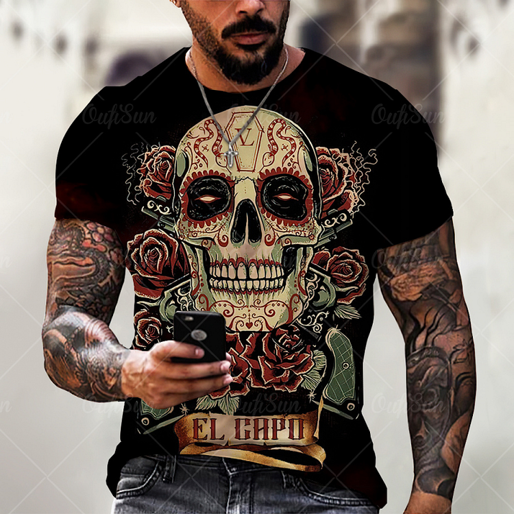 Rose&Skull Printed Summer Short Sleeve Men's T-Shirts