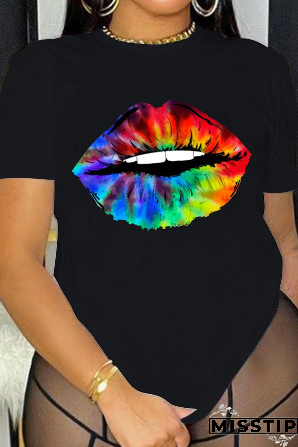 Black Street Vintage Lips Printed Patchwork O Neck T-Shirts