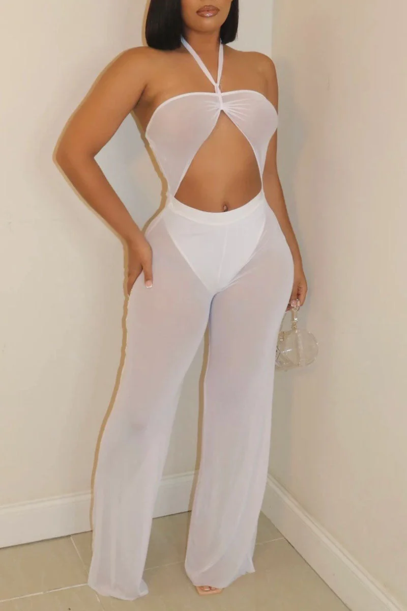 Sexy Solid Split Joint See-through Halter Straight Jumpsuits
