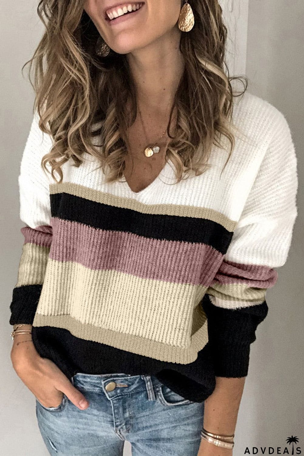 Khaki Colorblock V Neck Ribbed Knitted Sweater