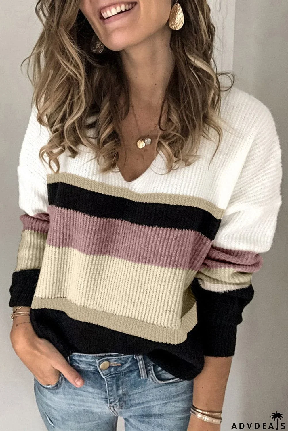 Khaki Colorblock V Neck Ribbed Knitted Sweater