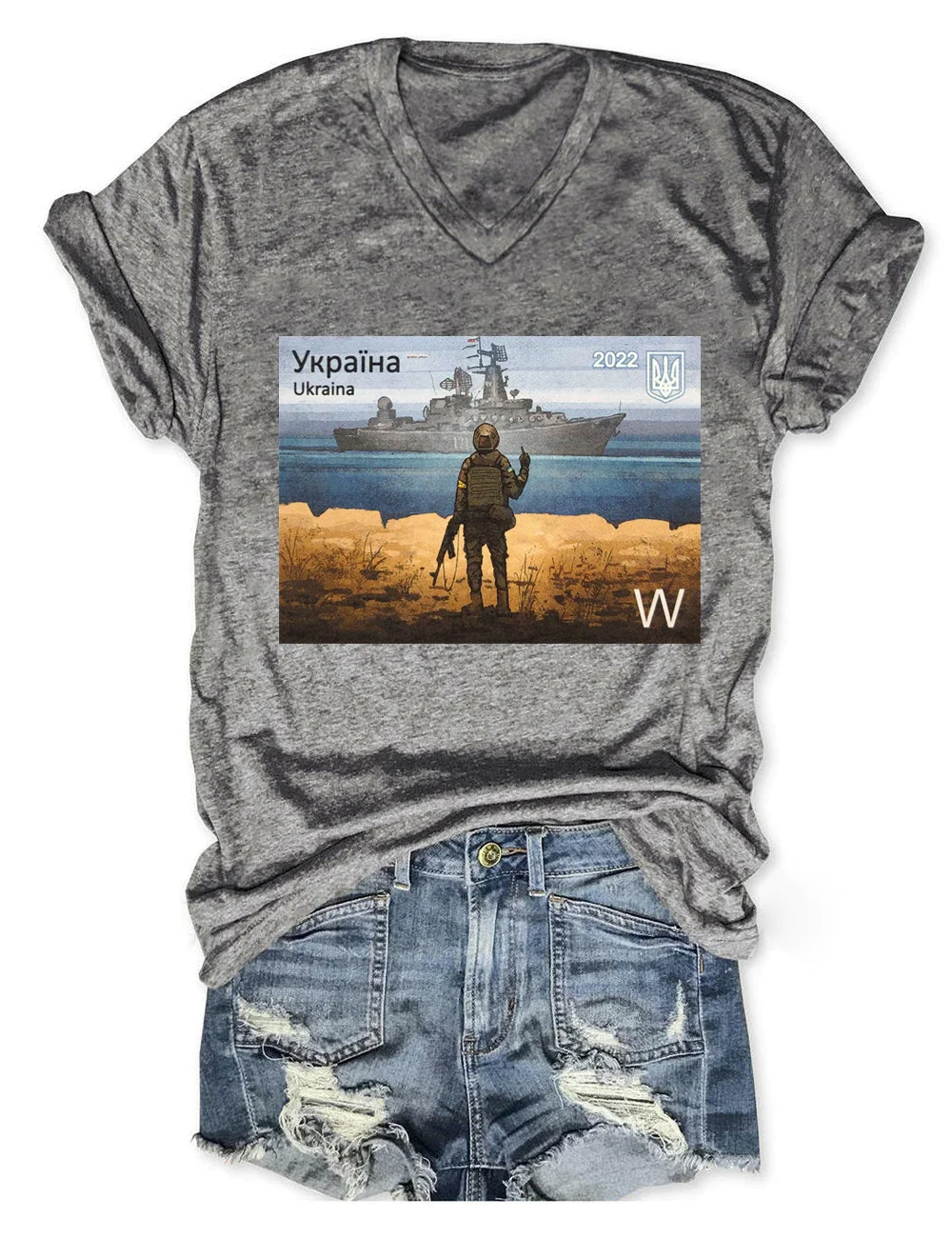 Ukraine Stamp With Russian Warship V Neck Tee