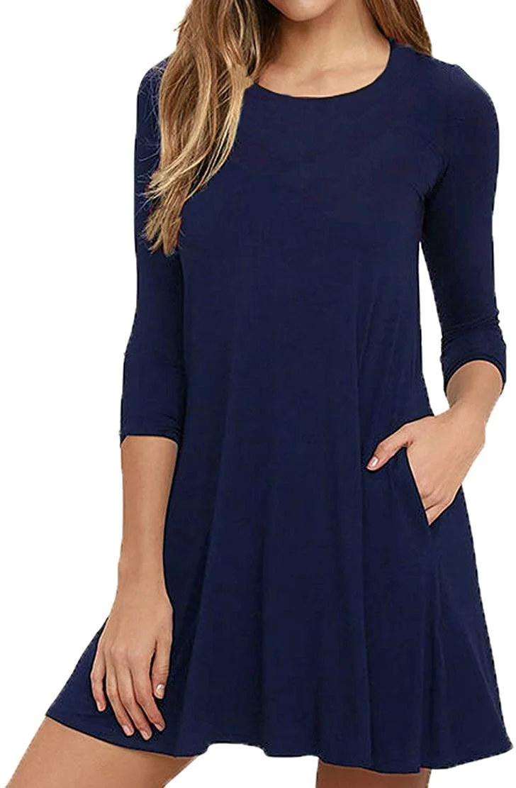 Womens Round Neck 3/4 Sleeves A-line Casual Tshirt Dress with Pocket