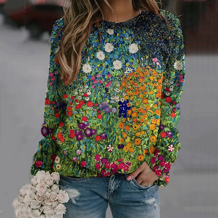 Flower Print Casual Long Sleeve Sweatshirt